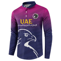 Cricket button sweatshirt with polo collar, magenta-to-navy UAE falcon chest print