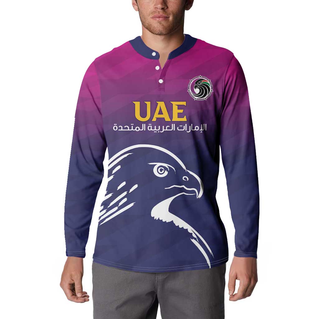 Cricket button sweatshirt with polo collar, long sleeves, UAE text and falcon chest print