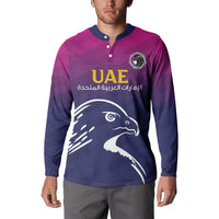 Cricket button sweatshirt with polo collar, long sleeves, UAE text and falcon chest print