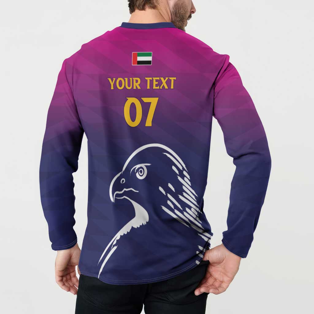 Cricket button sweatshirt back: UAE flag, 'YOUR TEXT 07', large falcon illustration