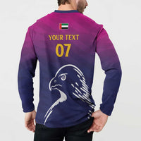 Cricket button sweatshirt back: UAE flag, 'YOUR TEXT 07', large falcon illustration