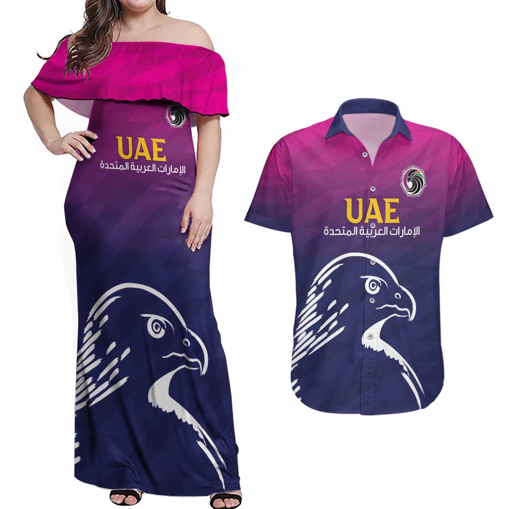 UAE Cricket Custom Couples Matching Off Shoulder Maxi Dress and Hawaiian Shirt Arabian Falcon LT7 - Wonder Print Shop