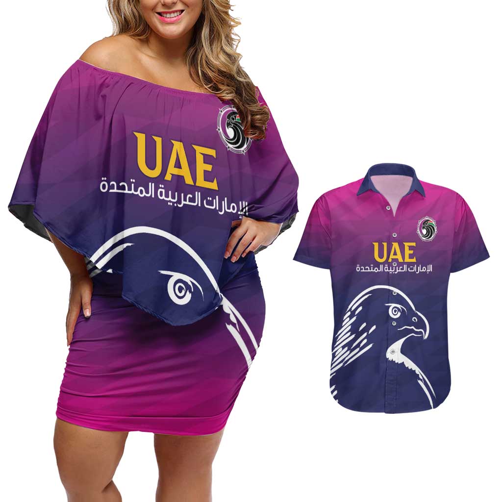 UAE Cricket Custom Couples Matching Off Shoulder Short Dress and Hawaiian Shirt Arabian Falcon LT7 - Wonder Print Shop