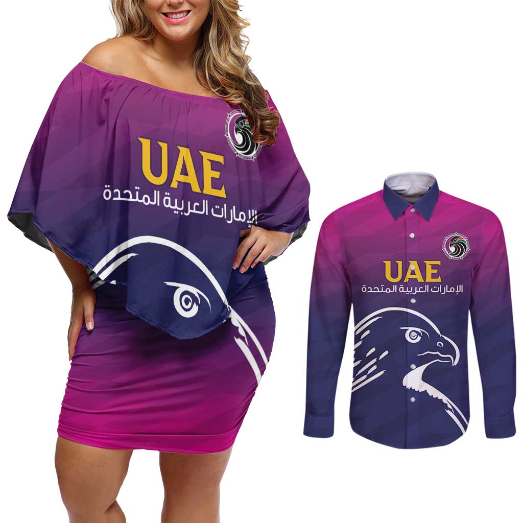 UAE Cricket Custom Couples Matching Off Shoulder Short Dress and Long Sleeve Button Shirt Arabian Falcon LT7 - Wonder Print Shop