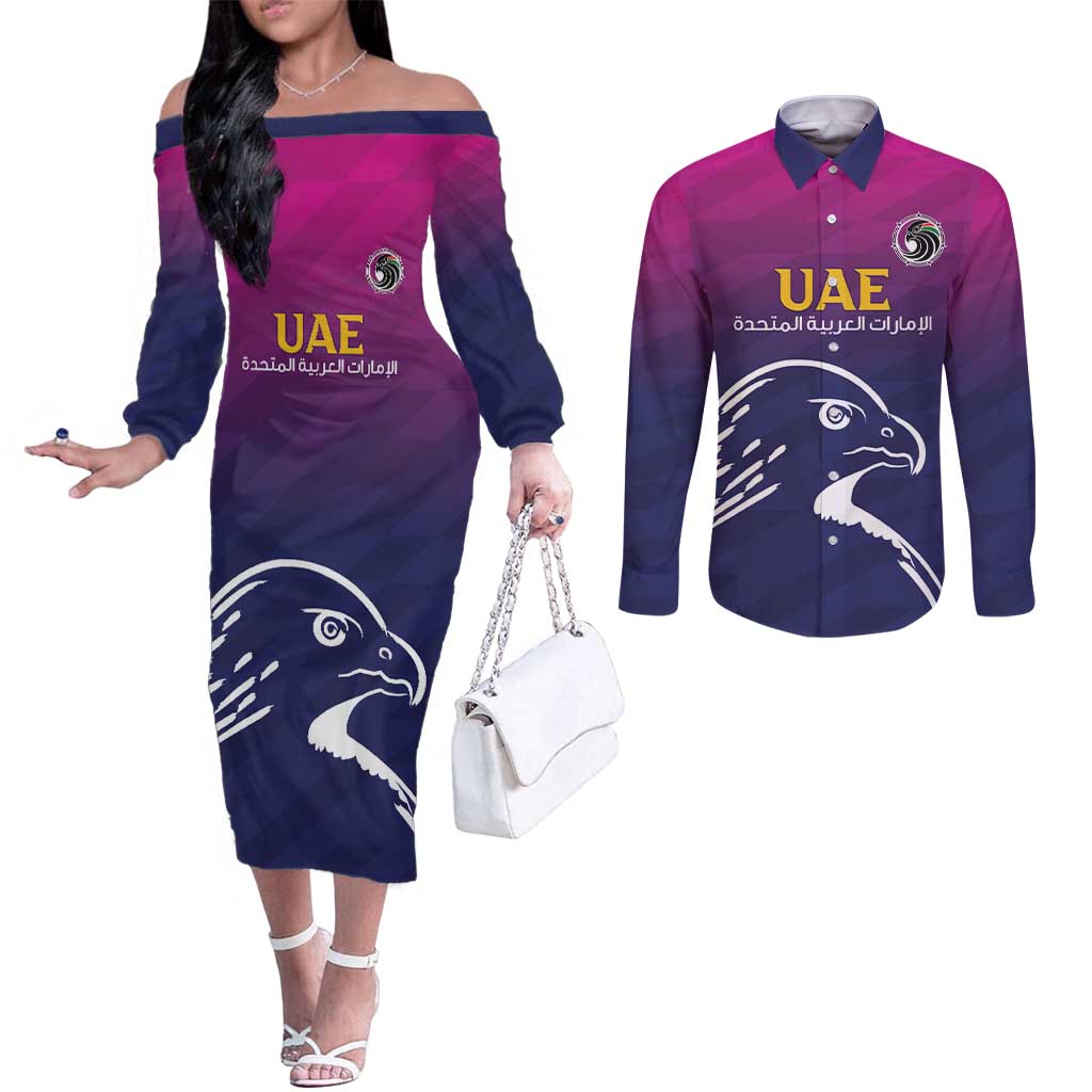 UEA Cricket Custom Couples Matching Off The Shoulder Long Sleeve Dress and Long Sleeve Button Shirt Arabian Falcon