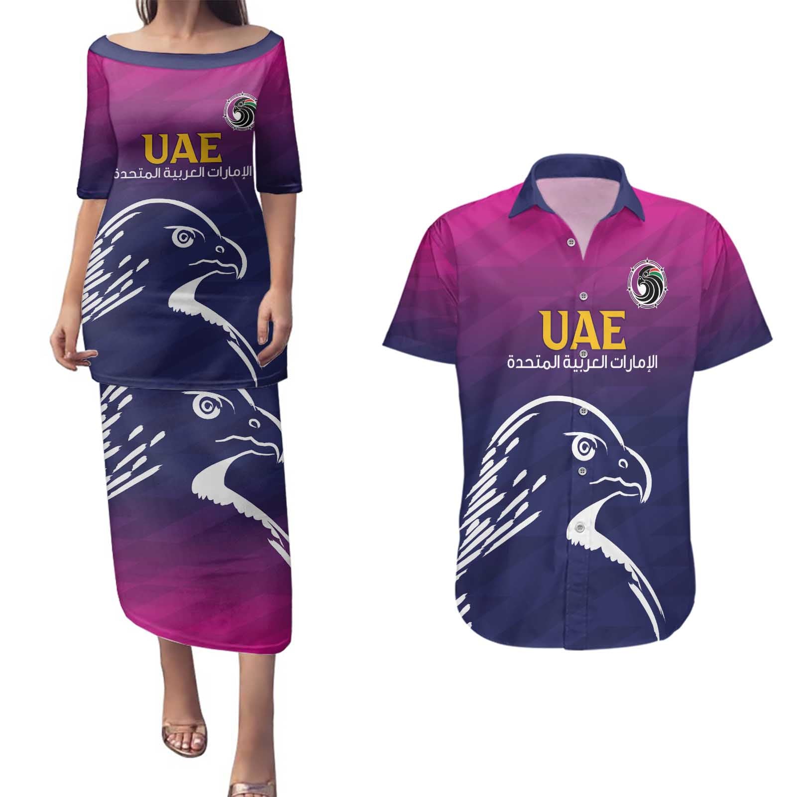 UAE Cricket Custom Couples Matching Puletasi and Hawaiian Shirt Arabian Falcon LT7 - Wonder Print Shop