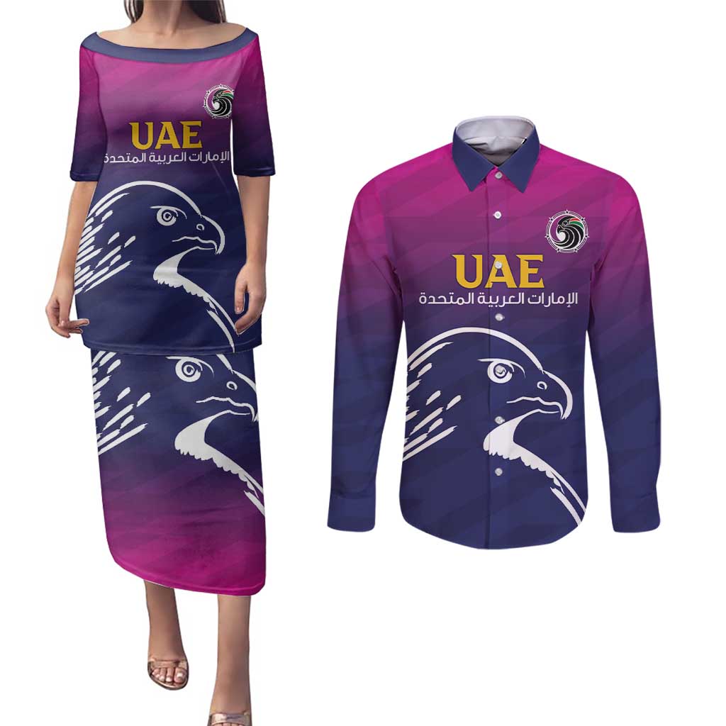 UAE Cricket Custom Couples Matching Puletasi and Long Sleeve Button Shirt Arabian Falcon LT7 - Wonder Print Shop