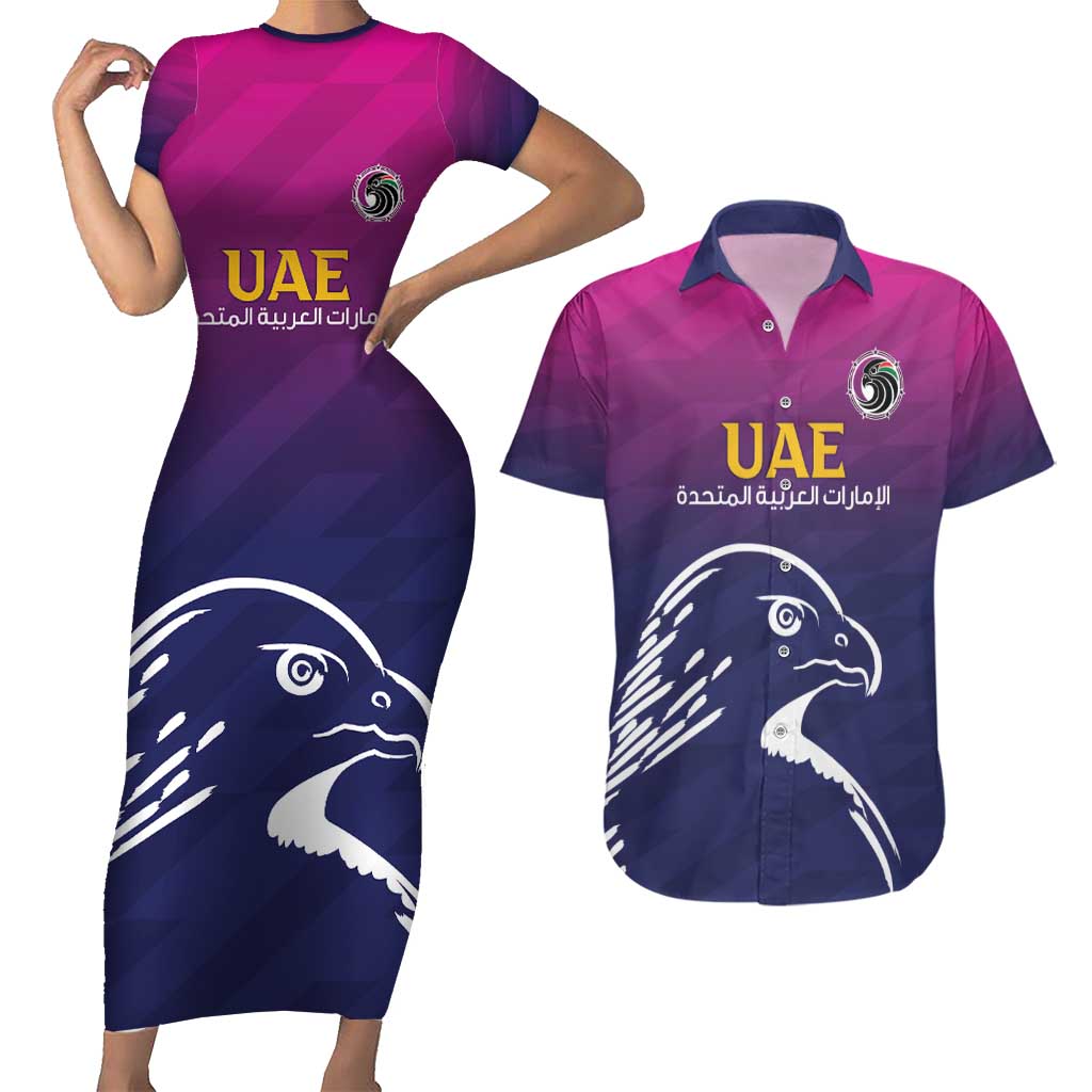 UAE Cricket Custom Couples Matching Short Sleeve Bodycon Dress and Hawaiian Shirt Arabian Falcon LT7 - Wonder Print Shop