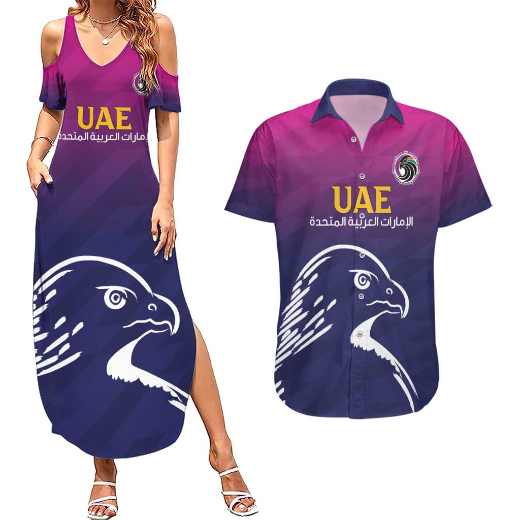 UAE Cricket Custom Couples Matching Summer Maxi Dress and Hawaiian Shirt Arabian Falcon LT7 - Wonder Print Shop