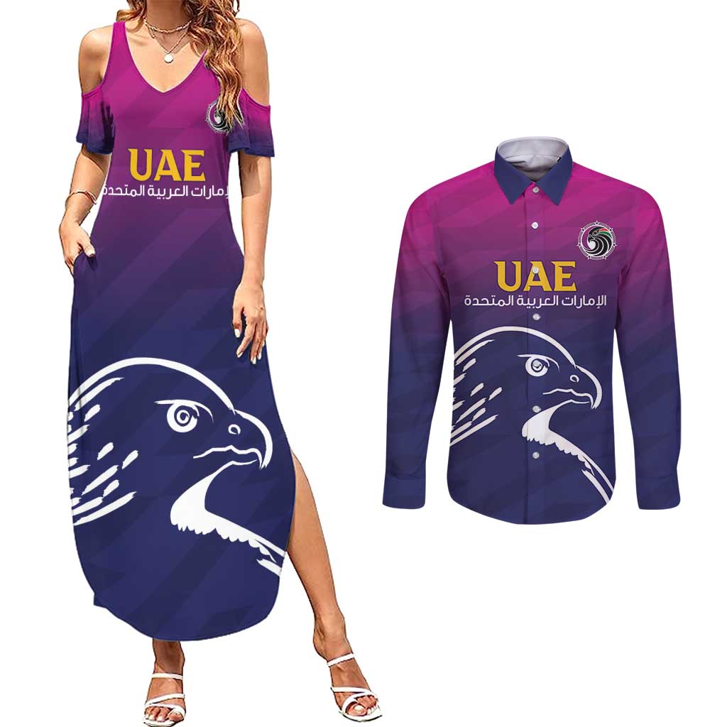 UAE Cricket Custom Couples Matching Summer Maxi Dress and Long Sleeve Button Shirt Arabian Falcon LT7 - Wonder Print Shop