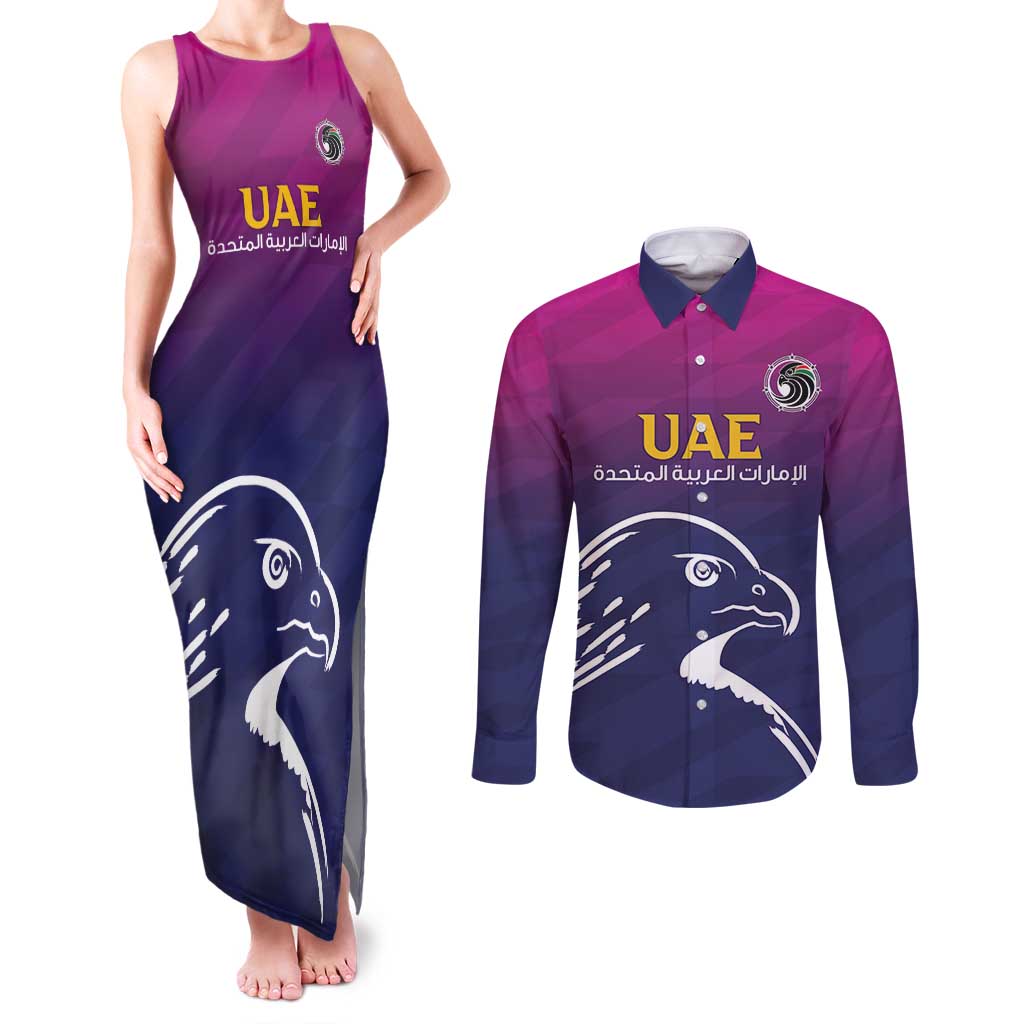 UAE Cricket Custom Couples Matching Tank Maxi Dress and Long Sleeve Button Shirt Arabian Falcon LT7 - Wonder Print Shop