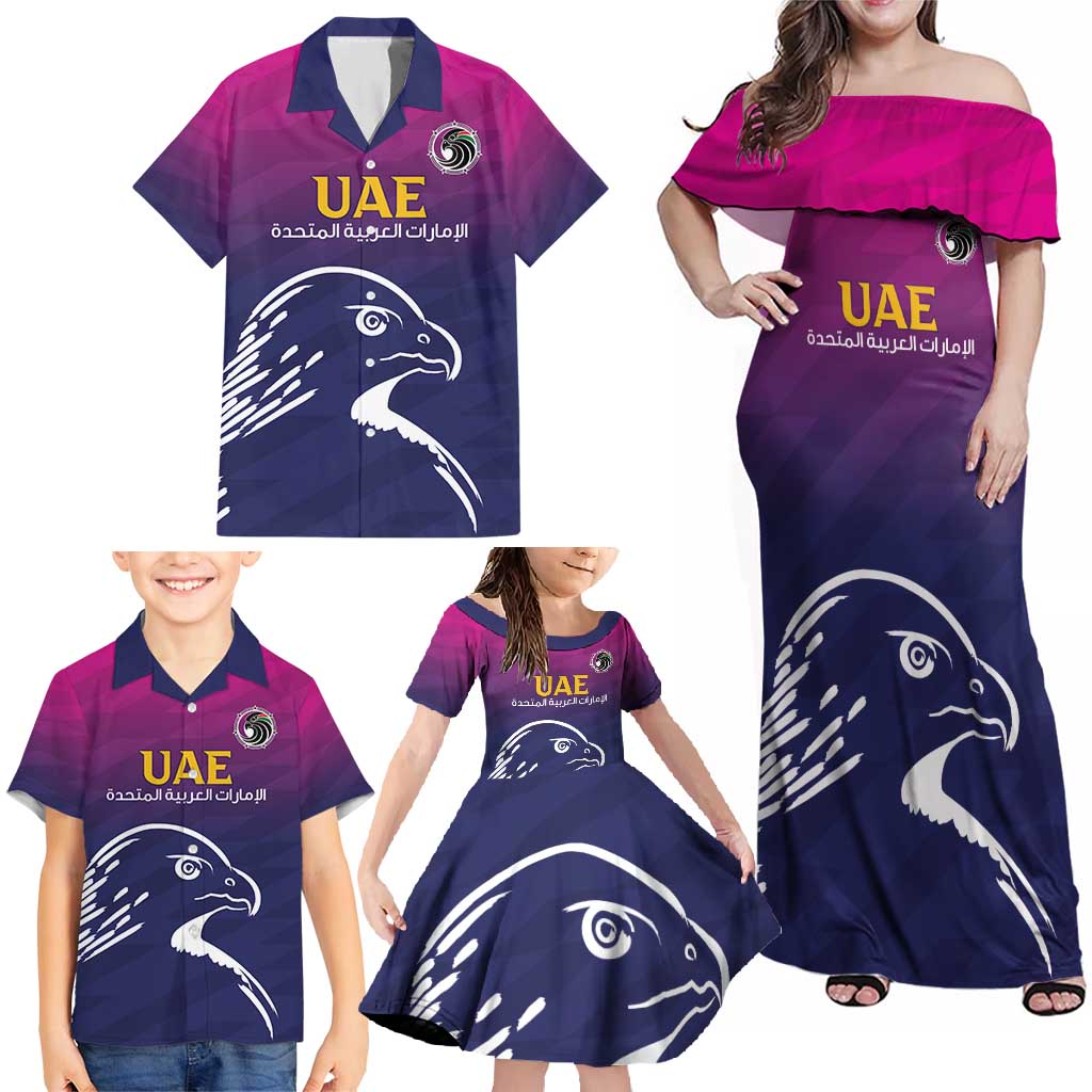 UAE Cricket Custom Family Matching Off Shoulder Maxi Dress and Hawaiian Shirt Arabian Falcon LT7 - Wonder Print Shop