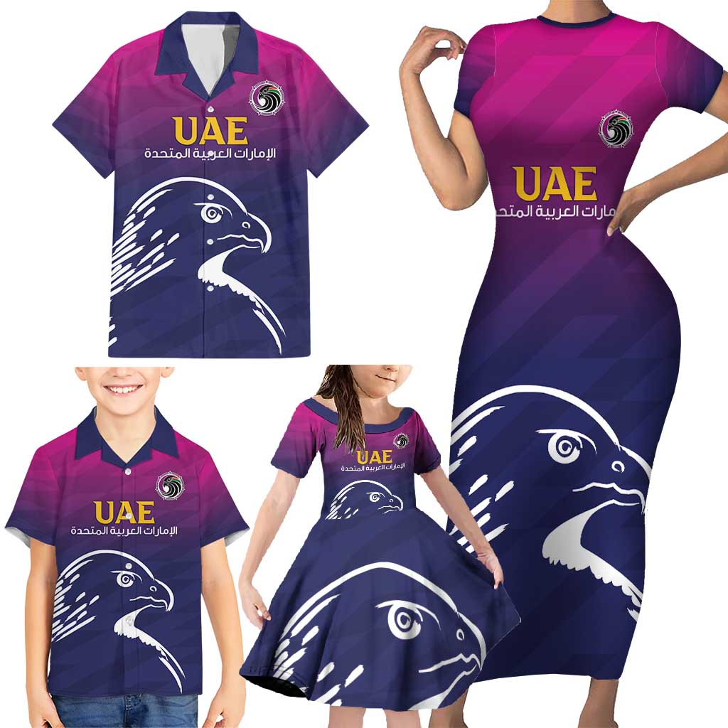 UAE Cricket Custom Family Matching Short Sleeve Bodycon Dress and Hawaiian Shirt Arabian Falcon - Wonder Print Shop