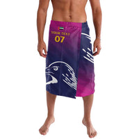 Cricket lavalava shorts, blue and magenta with falcon print and 'Your Text 07'.
