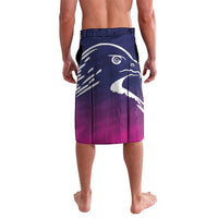 Cricket lavalava shorts, dark blue with magenta gradient and large falcon graphic; side vent.