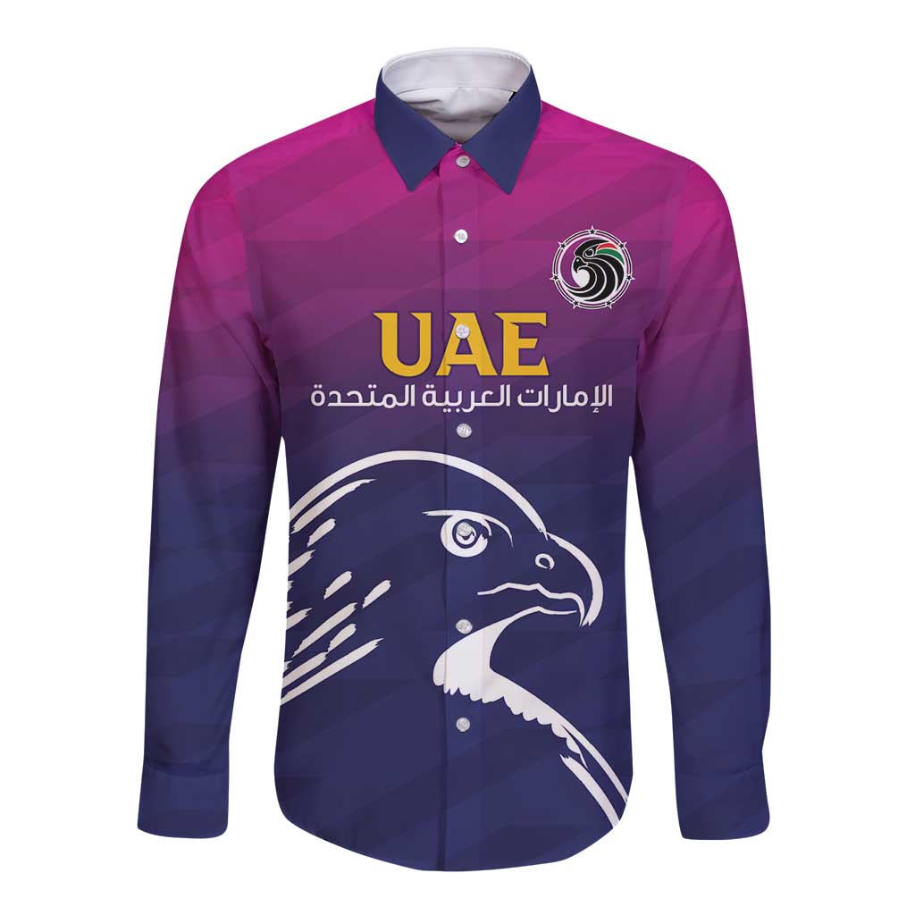 Long sleeve button-up cricket shirt with UAE logo and falcon graphic, blue/purple