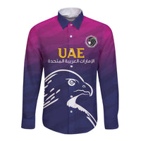 Long sleeve button-up cricket shirt with UAE logo and falcon graphic, blue/purple