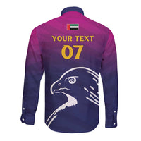 Long sleeve button-up cricket shirt with custom back text, number 07, falcon graphic