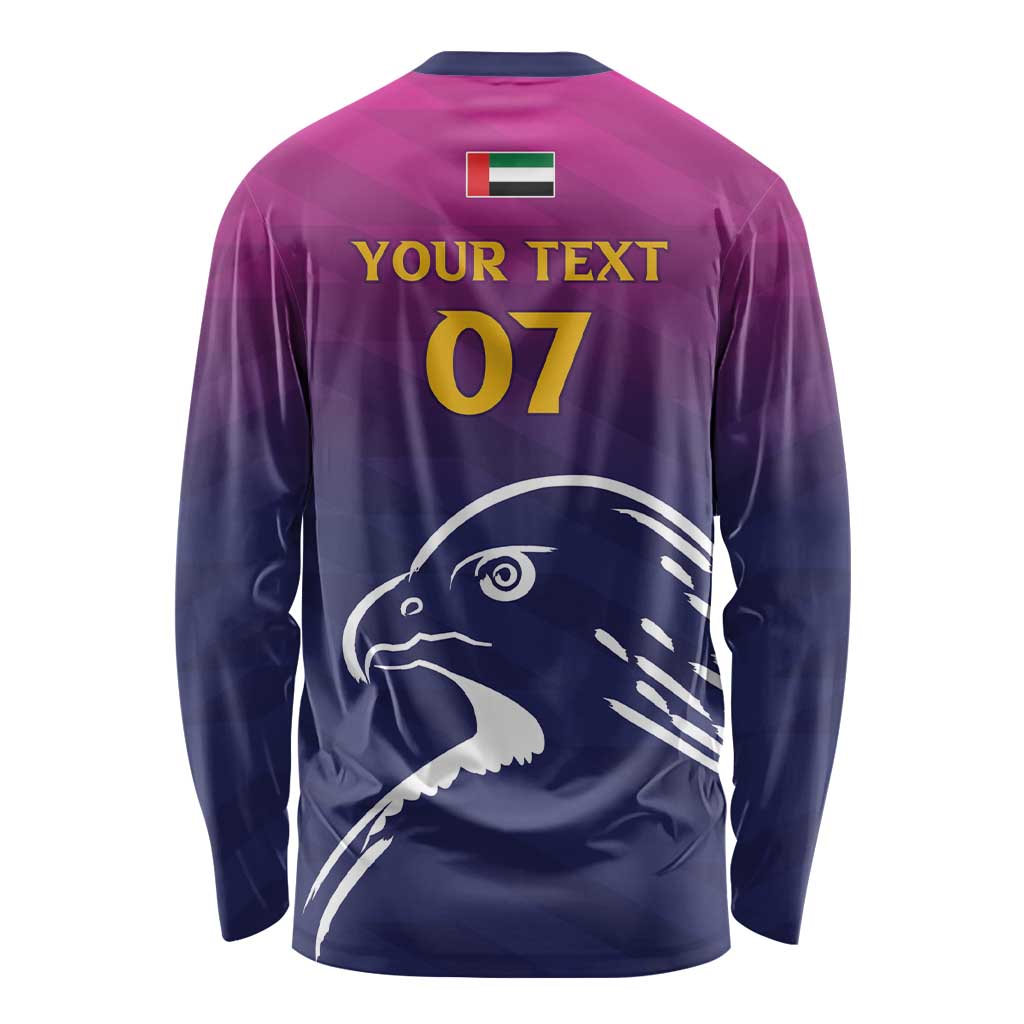 Unisex long-sleeve cricket shirt, back with flag, custom text 07, and falcon graphic