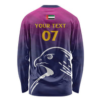 Unisex long-sleeve cricket shirt, back with flag, custom text 07, and falcon graphic