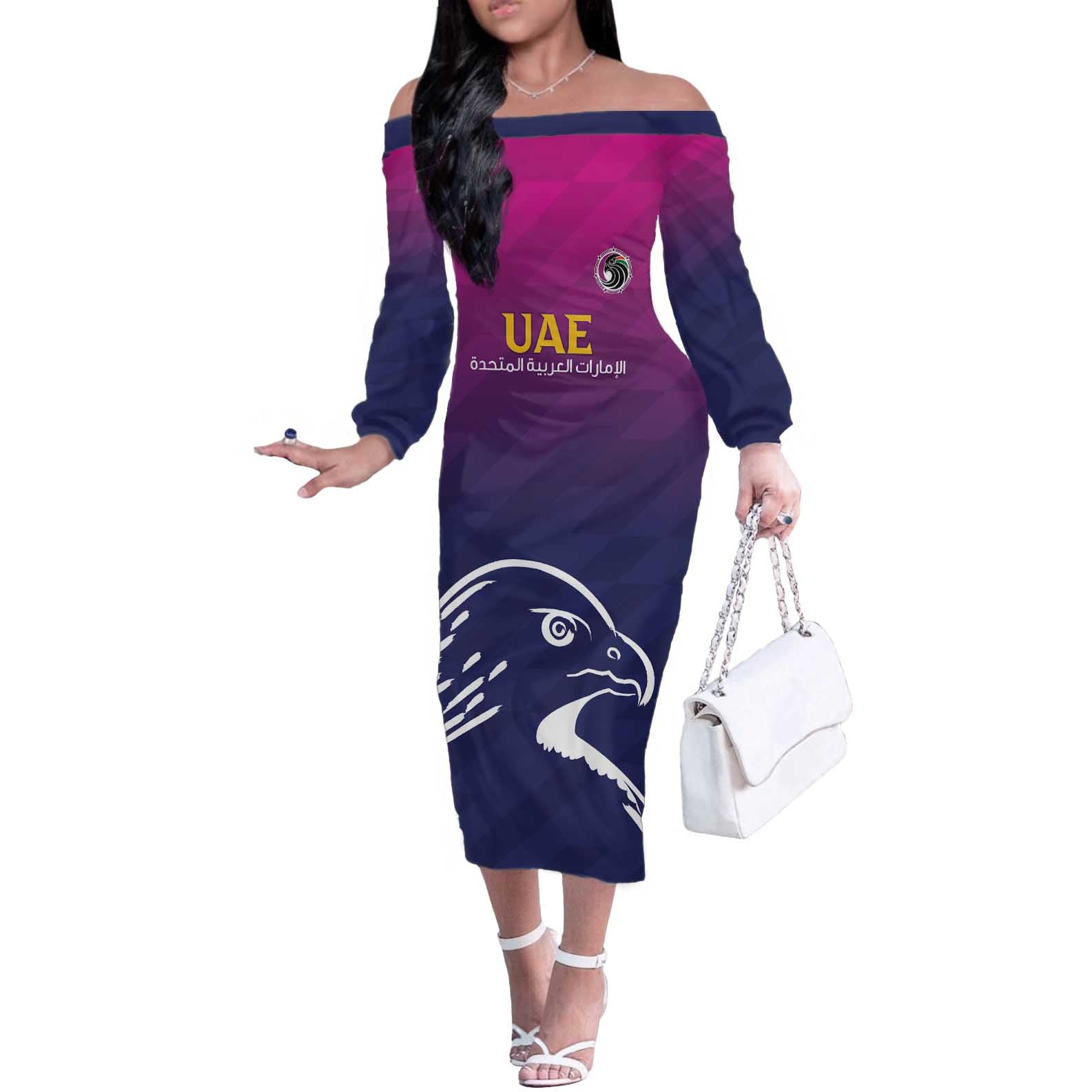 UAE Cricket Custom Off The Shoulder Long Sleeve Dress Arabian Falcon - Wonder Print Shop