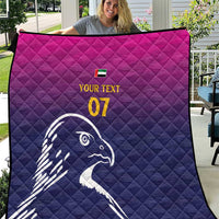 Custom quilt blanket with quilted pattern, Arabian falcon graphic and yellow text placeholder