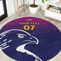 Round carpet with Arabian falcon print on dark purple background, text '07'