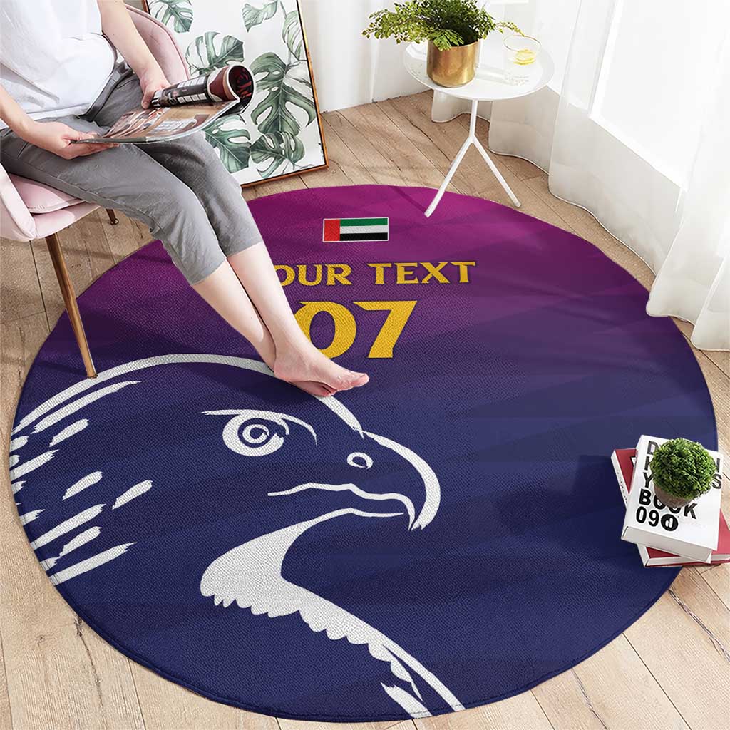 Round carpet with Arabian falcon design on dark purple background, 'YOUR TEXT 07'
