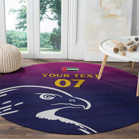 Round carpet with Arabian falcon graphic, dark purple background, 'YOUR TEXT 07'