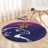 Round carpet with Arabian falcon print, dark purple background, 'YOUR TEXT 07'