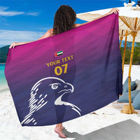 Custom sarong with Arabian falcon print, navy-to-magenta gradient, YOUR TEXT 07