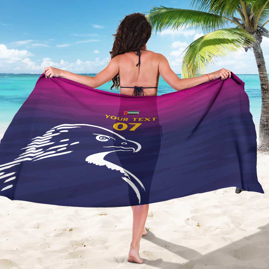 Custom sarong with falcon print, navy-to-magenta gradient, back view, YOUR TEXT 07