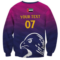 Unisex cricket sweatshirt back in purple and navy with flag, YOUR TEXT, 07, falcon art