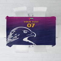 Custom tablecloth with printed Arabian falcon, “YOUR TEXT” and number 07 on dark blue.