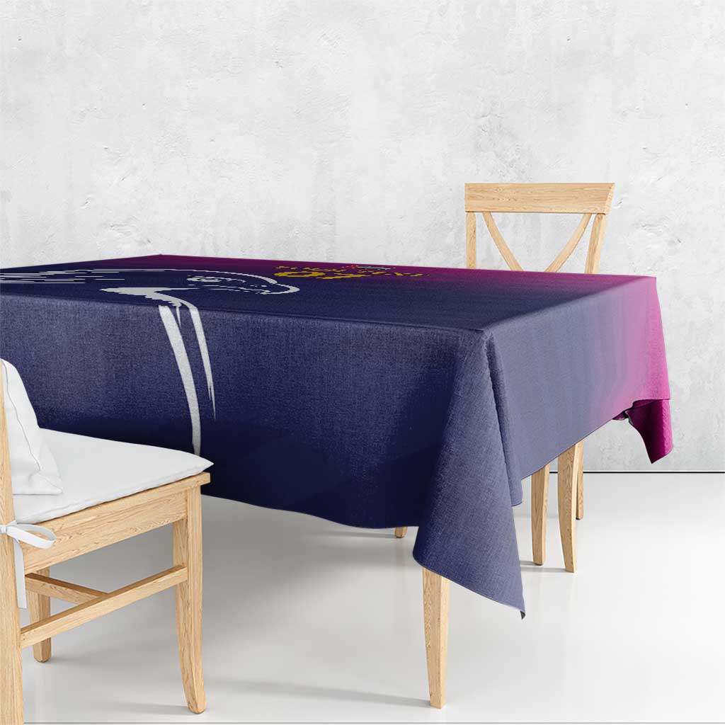 Custom tablecloth corner view with Arabian falcon print in dark blue and purple.