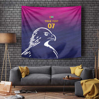 Custom cricket tapestry with Arabian falcon, 'YOUR TEXT 07' and UAE flag on purple-magenta
