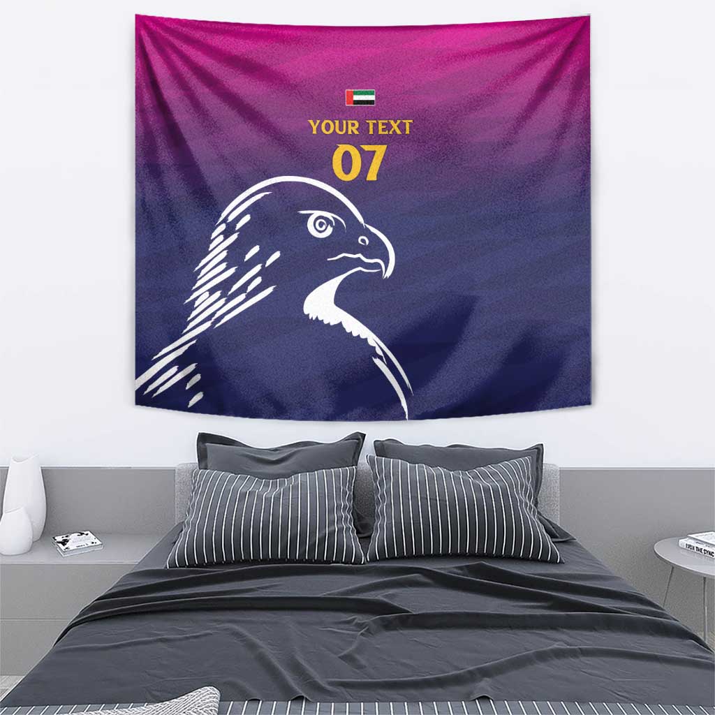 Custom cricket tapestry featuring Arabian falcon with 'YOUR TEXT 07' and UAE flag on purple