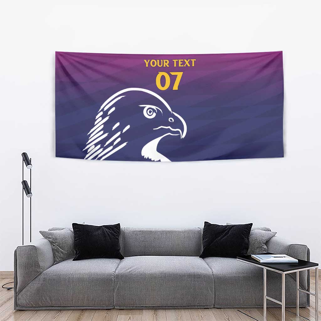 Custom cricket tapestry showing Arabian falcon in white over purple-blue with 'YOUR TEXT 07'