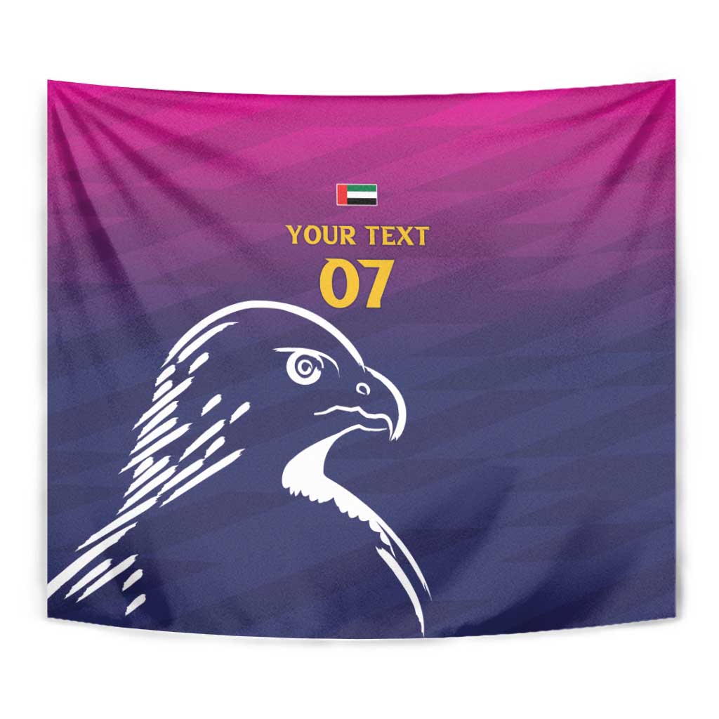 Custom cricket tapestry close-up: Arabian falcon outline with 'YOUR TEXT 07' and UAE flag