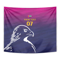 Custom cricket tapestry close-up: Arabian falcon outline with 'YOUR TEXT 07' and UAE flag