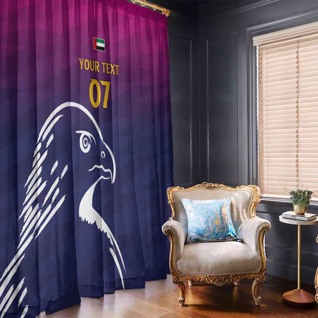 Blue and purple falcon window curtain panel with custom yellow “07” and small flag detail