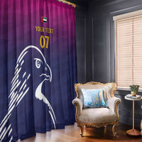 Blue and purple falcon window curtain panel with custom yellow “07” and small flag detail