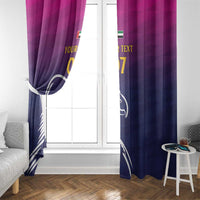 Blue and purple window curtain with tie-back drape, falcon graphic, and yellow “07”