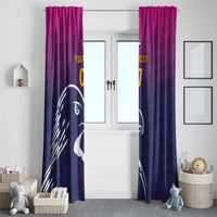 Pair of blue and purple falcon curtains framing a doorway with custom yellow “07”
