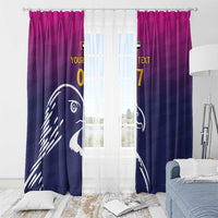 Blue and purple falcon curtains with sheer center panel, yellow “07” and white falcon artwork