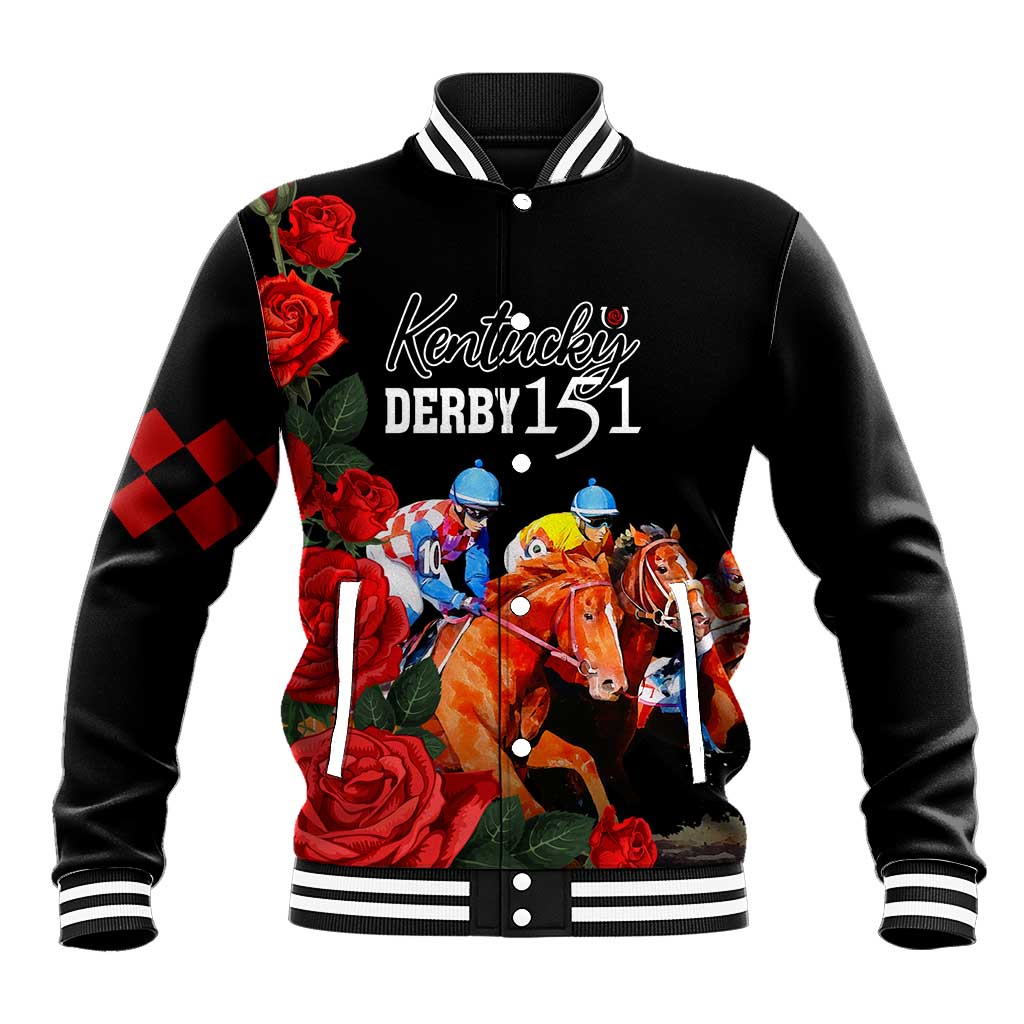 Black baseball jacket with striped collar, button front, roses and Kentucky Derby 151 graphic