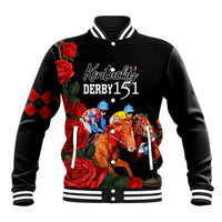 Black baseball jacket with striped collar, button front, roses and Kentucky Derby 151 graphic