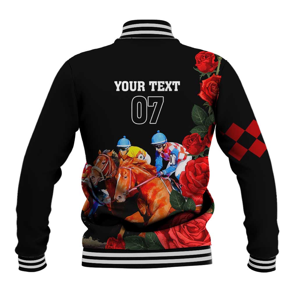 Black baseball jacket, striped cuffs, back print with 'YOUR TEXT 07', horses and roses