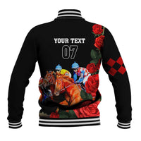 Black baseball jacket, striped cuffs, back print with 'YOUR TEXT 07', horses and roses