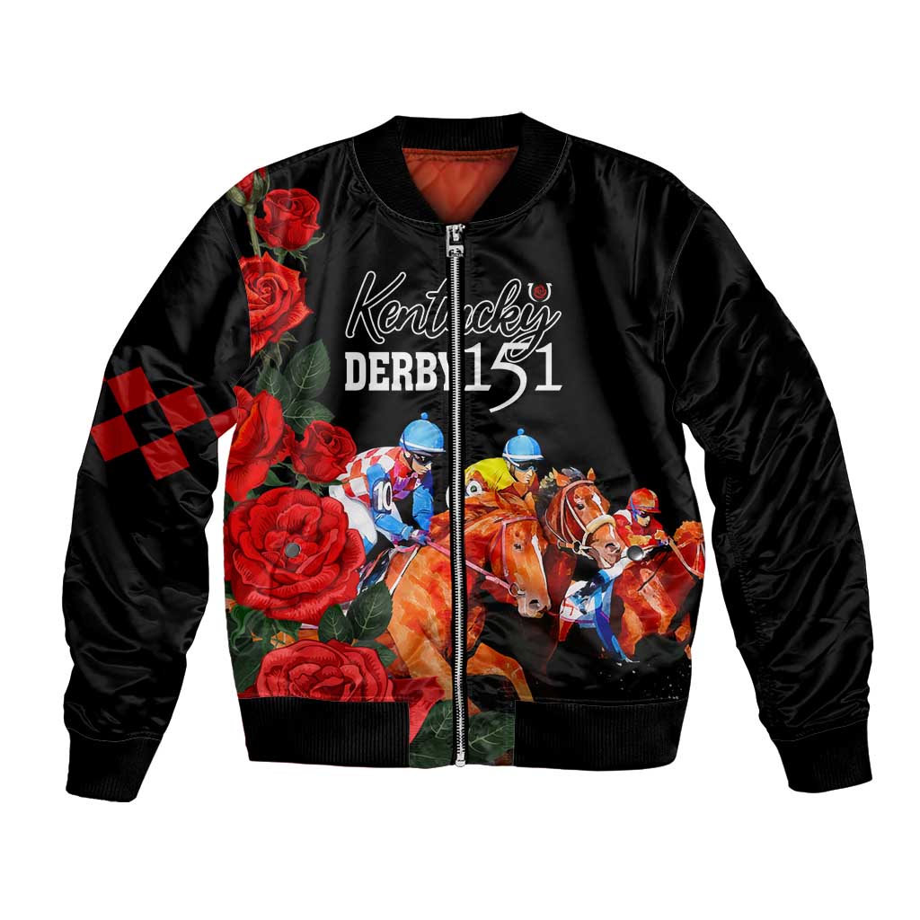 Black satin bomber jacket with front zip, horse-racing graphic and roses on chest